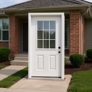 Porte d'entrée en verre Low-E 9 Lite 36 x 80 en fibre de verre, finition grain de chêne blanc avec cadre en vinyle Brickmould, style traditionnel - Product Image 2