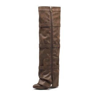 Women Belt Buckles Overlay Custom Styles Over Knee High Boots Ladies High Chunky Heels <b>Shoes</b> Folded Soft Suede Long Booties - Product Image 5