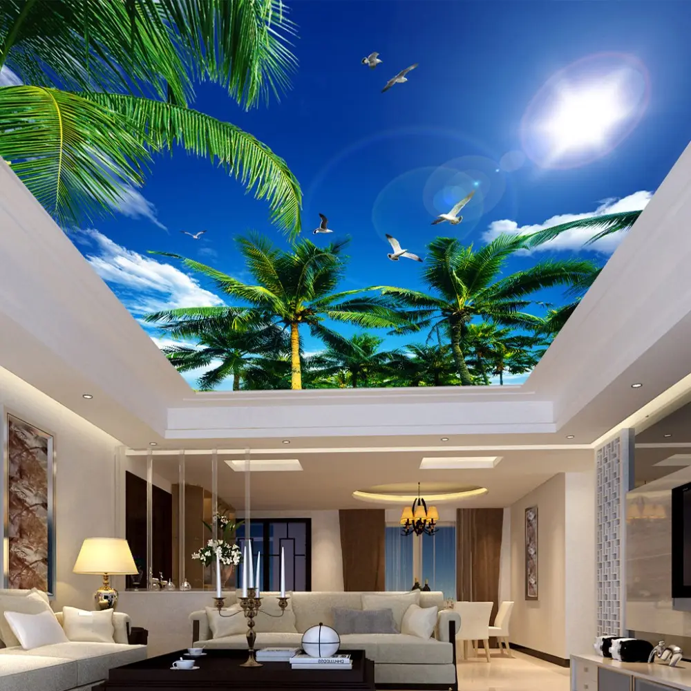 Custom 3D Photo Wallpaper Blue Sky And White Clouds Coconut Trees Seagull Bedroom Living Room Ceiling Mural Wallpaper Painting