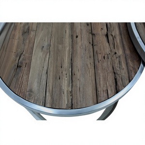 <b>Rustic</b> Old Recycled Elm <b>Wood</b> Industrial Style Round <b>Coffee</b> <b>Table</b> with Metal Frame Nesting Set for Living Room Furniture - Product Image 5