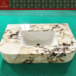 GOLDKING Meuble-lavabo moderne en marbre Calacatta Viola pour salle de bain, avec vasque, finition blanc crème, veines marron, bord cannelé, découpe CNC de précision - Product Image 2