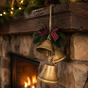 Ornement de Noël en métal rouge et or LINGKAI, cloche suspendue avec nœud à carreaux, baies artificielles de pin, décoration rustique de Noël pour porte ou mur - Product Image 2