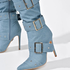 Belt Buckles Women Knee High Boots Metal Slim Heeled Denim Long <b>Booties</b> Sexy Punk Blue Stiletto Dress Shoes - Product Image 4