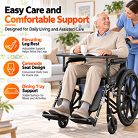 Fauteuil roulant pliable avec fonction toilette, repose-jambes réglable en acier carbone, coussin en cuir et plateau repas pour personnes âgées et soins de mobilité