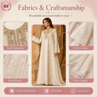 Robe longue de soirée personnalisée OEM, ivoire, avec panneaux floraux en relief et embellissement métallique au col, vente en gros directe usine