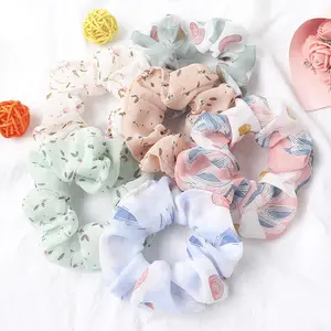 PT044A Custom Printed Hair Band Large Women's Chiffon Flower Hair Scrunchies Hair Bow Chiffon Ponytail Holder