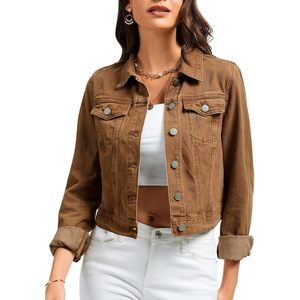Veste en jean courte personnalisée pour femme, à manches longues, boutonnée, avec poches, coupe classique, en polyester délavé - Product Image 2