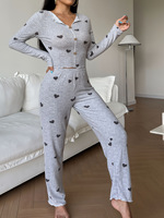 Ensemble de pyjama décontracté 2 pièces pour femme, imprimé cœurs automne-hiver, manches longues, coupe ajustée, taille élastique