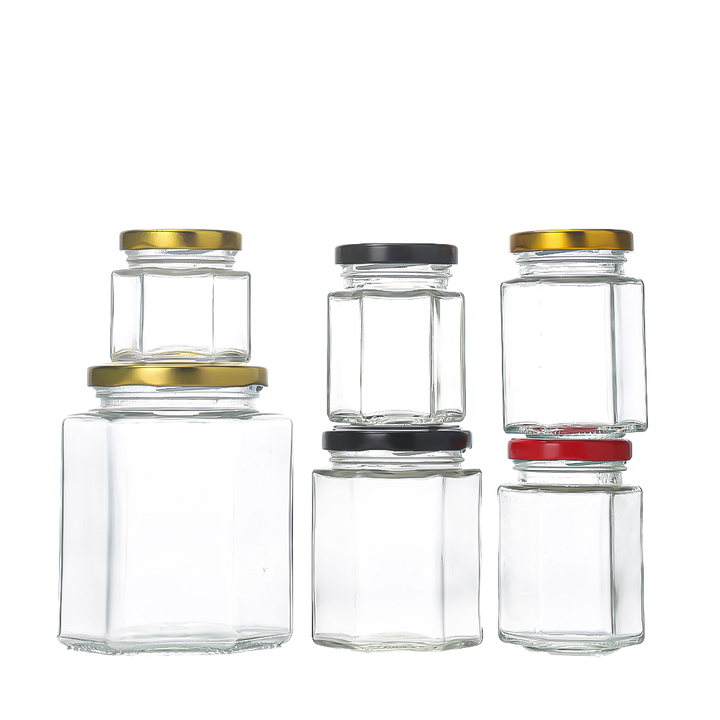 Factory Transparent Hexagonal Glass Jar for Sauce Honey and Jam 45ml-730ml with Screw Cap and Screen Printed Lid