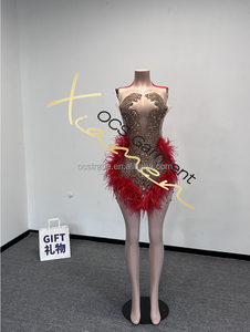 Vestido Corto Ajustado de Jersey con Aberturas y Plumas Rojas, Elegante y Sexy, con Pedrería Dorada para Mujer, Ropa de Club Nocturno - Product Image 3