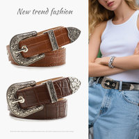 Ceinture décorative pour femme, style rétro vintage, trois pièces, avec boucle sculptée en alliage, polyvalente pour jeans, accessoire Y2K transfrontalier toutes tendances
