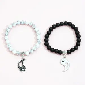 Yin y Yang-pulsera con cuentas de piedra negra y blanca para hombre y mujer, brazalete Retro, joyería