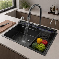 Évier de cuisine multifonctionnel à cascade numérique Nouveau design de piano intelligent en acier inoxydable noir Installation de comptoir 304