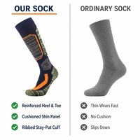 Chaussettes de sport de ski et de randonnée en gros, avec talon et bout renforcés, panneau de protection de la tibia rembourré, bleu marine et orange, chaussettes techniques d'extérieur, logo personnalisé OEM