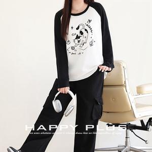 Ensemble décontracté tricoté pour femme Happy Plus : T-shirt imprimé chat et pantalon cargo noir grande taille N8766 - Product Image 2
