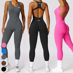 OEM ODM Women One-piece Hollow Back Yoga Jumpsuits Sexy Backless Tank Tops Bodycon Scrunch Butt Yoga Rompers Seamless Gym Playsu