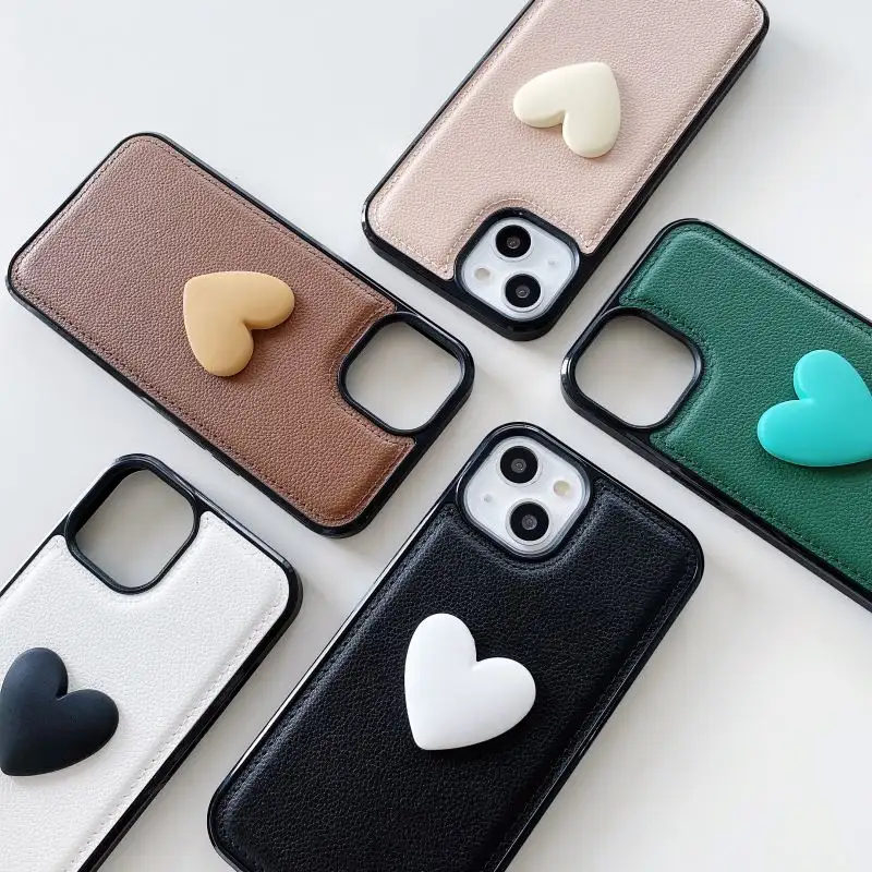 2023 New Fashion luxury New Litchi Leather Pattern Cute 3D Heart Phone Case for iPhone 13 14 15 Pro Max XR XS Back Cover