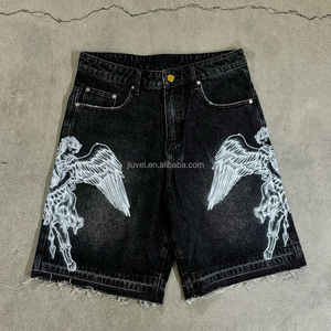 شورت جينز رجالي بمقاسات كبيرة بتصميم مخصص وطباعة شاشة وتأثير باهت ومغسول وحواف خام من الشركة المصنعة - Product Image 1