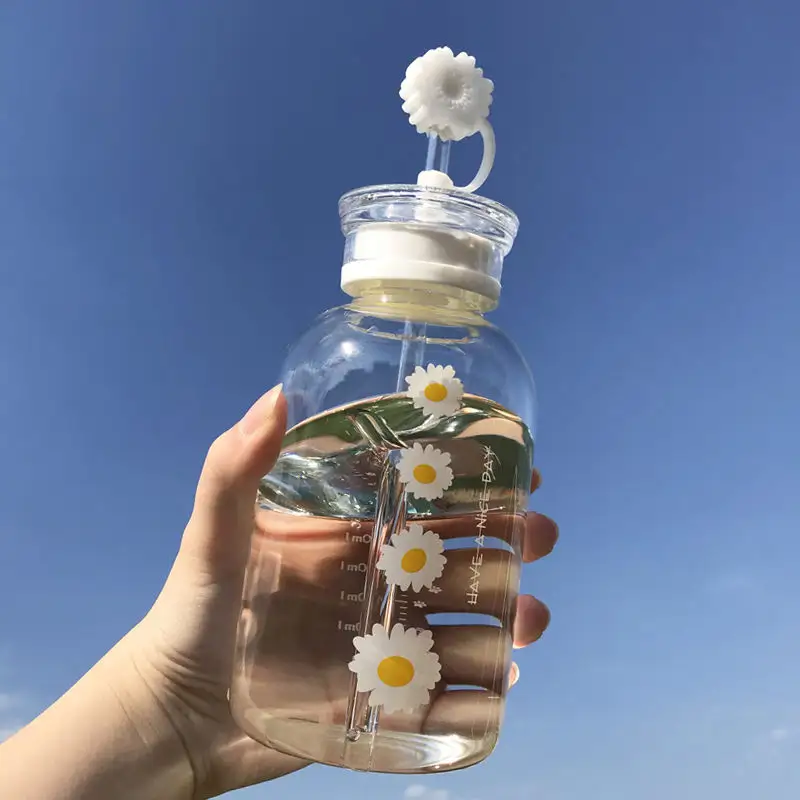 Botella de agua de vidrio con pajita, vaso transparente esmerilado creativo, portátil a prueba de fugas, con tapa de sellado