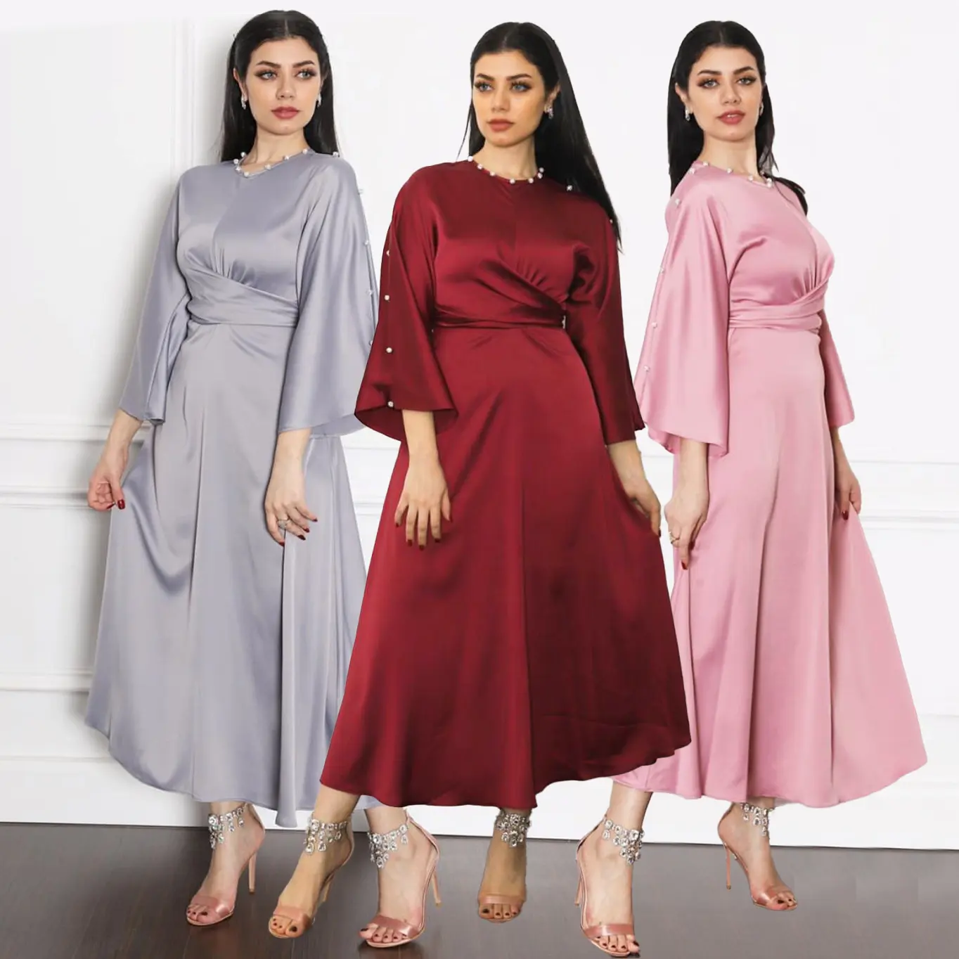 Neueste Großhandel Dubai Phantasie elegante Mariage islamische Abend party Brautkleider Regenschirm muslimische Frauen Kleid Satin Abaya