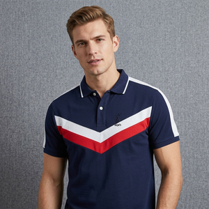 Royal's Men's Navy <b>Blue</b> Short Sleeve <b>Polo</b> <b>Shirt</b> With Red White Geometric Design Breathable Pique Cotton Casual Style Bangladesh - Product Image 5