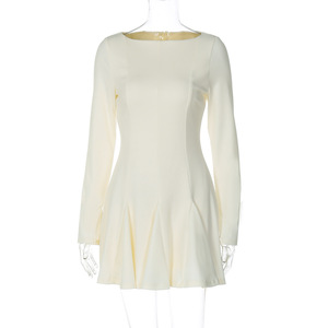 Robe courte plissée à col bateau et manches longues pour femme - Robes de soirée décontractées élégantes avec perles - Product Image 5