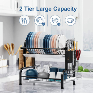 Égouttoir à vaisselle à 2 niveaux en acier inoxydable, support de séchage de vaisselle à deux niveaux, organisateur de vaisselle de cuisine avec plateau de drainage - Product Image 5
