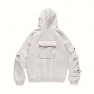 H5545 Fabricant de vêtements en gros, sweats à capuche gris oversize personnalisés avec plusieurs poches et col boutonné - Product Image 3