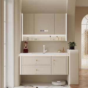 Meuble-lavabo de salle de bain en MDF laqué blanc de style européen avec armoire miroir intelligente en forme de ruche et vasque en céramique, idéal pour usage hospitalier - Product Image 4