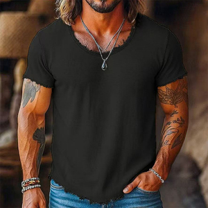 DOVEARK OEM T-shirts pour hommes à col rond et manches courtes, 85% coton, avec logo <span class=keywords><strong>de</strong></span> marque <span class=keywords><strong>personnalisé</strong></span>, bords bruts, effet vieilli, couleur unie, décontractés - Product Image 2