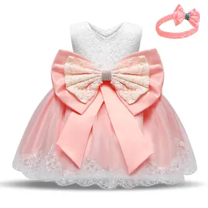 Bé Gái Công Chúa 1st Birthday Không Tay Dài Ren Trở Lại Lớn Bowknot Đảng Formal Bé Smocked Dresses