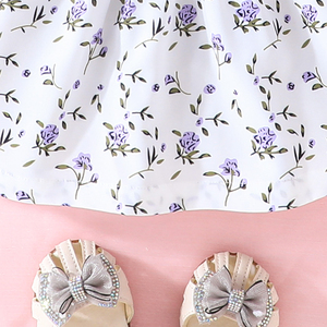 Robe à manches volantées avec nœud pour petites filles, ensemble deux pièces à motif floral mignon et patchwork, avec foulard, vêtements décontractés pour bébé fille - Product Image 6