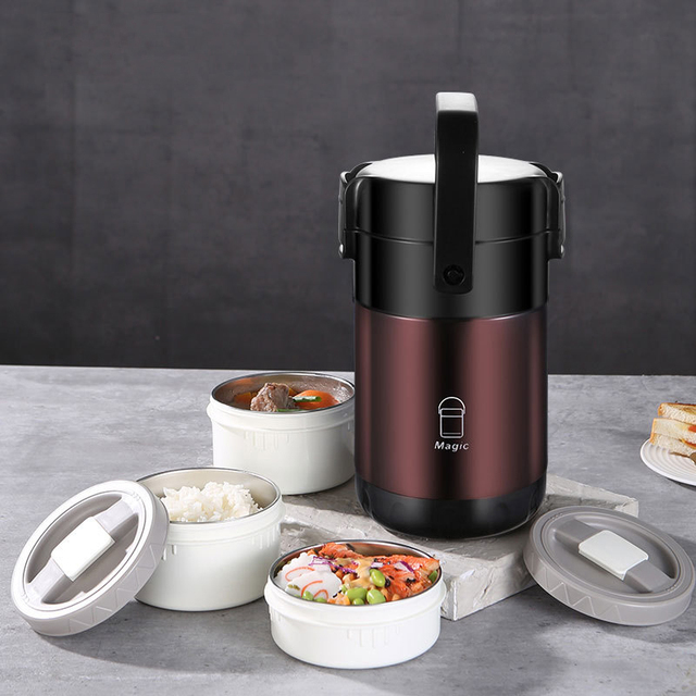 2.3L Carrier Self-heat Stackable Stainless Steel Thermal Tiffin 3 Layer Tier 3 in 1 School Children's Bento Lunch Box for Adult