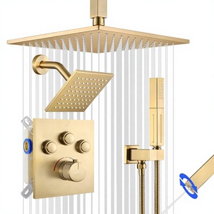 Système <span class=keywords><strong>de</strong></span> douche thermostatique ZHIYAN en laiton doré brossé avec bouton poussoir, mitigeur 2-en-1, pommeau <span class=keywords><strong>de</strong></span> douche mural et plafonnier <span class=keywords><strong>de</strong></span> 12 pouces - Product Image 1