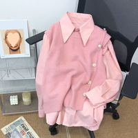 Ensemble 2 pièces pour femme : Chemise à col pointu et manches longues, Gilet en maille asymétrique à boutons perlés – Style Preppy pour le quotidien