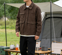 Veste de travail pour homme en toile marron vintage délavée, imperméable et respirante, avec col rabattu brodé et revers en velours côtelé, longue, pour le printemps
