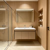 Rak Dinding Kamar Mandi Kayu Solid Modern 100cm dengan Panel Kristal Karbon, Wastafel Keramik 50cm, dan Kabinet Cermin LED Sensor Pintar