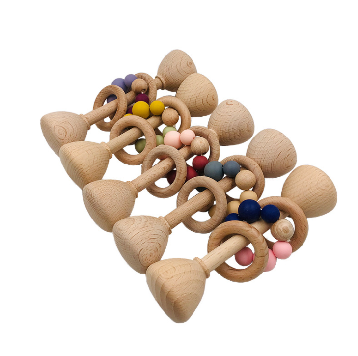 Оптовая продажа, развивающие игрушки из натурального бука, деревянные детские погремушки, игрушки для прорезывания зубов, сенсорная игрушка для обучения младенцев