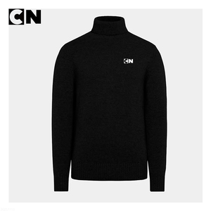 Pull en coton lourd à col roulé côtelé noir, fabrication sur mesure avec logo personnalisé, certifié GRS, pour homme, hiver - Product Image 3