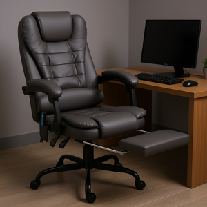 Chaise de bureau de direction en cuir PU gris, dossier inclinable, hauteur réglable, pivotante, avec accoudoirs et repose-pieds - Product Image 2