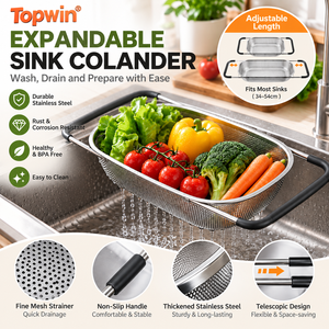 Passoire de cuisine réglable en acier inoxydable à mailles fines, panier de drainage extensible avec poignées antidérapantes pour fruits et légumes - Product Image 1