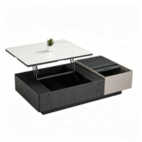 Table basse moderne avec tiroir de rangement, plateau en marbre blanc, base en bois noir, table centrale pour salon, meuble multifonctionnel