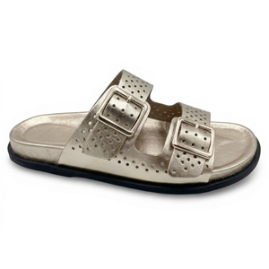 Sandalias planas de cuero genuino plateadas con punta abierta, cierre de hebilla, transpirables, zapatos de verano con suela de goma y entresuela de EVA - Product Image 1
