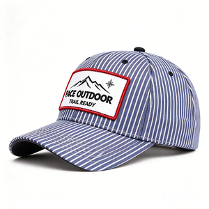 Casquette de baseball en seersucker rayé avec patch tissé personnalisé, chapeau d'extérieur unisexe réglable à fermeture snapback, casquette de sport - Product Image 2