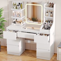 Table de maquillage moderne en bois blanc avec miroir LED, 7 tiroirs et 8 étagères, pour appartement, MOQ 100