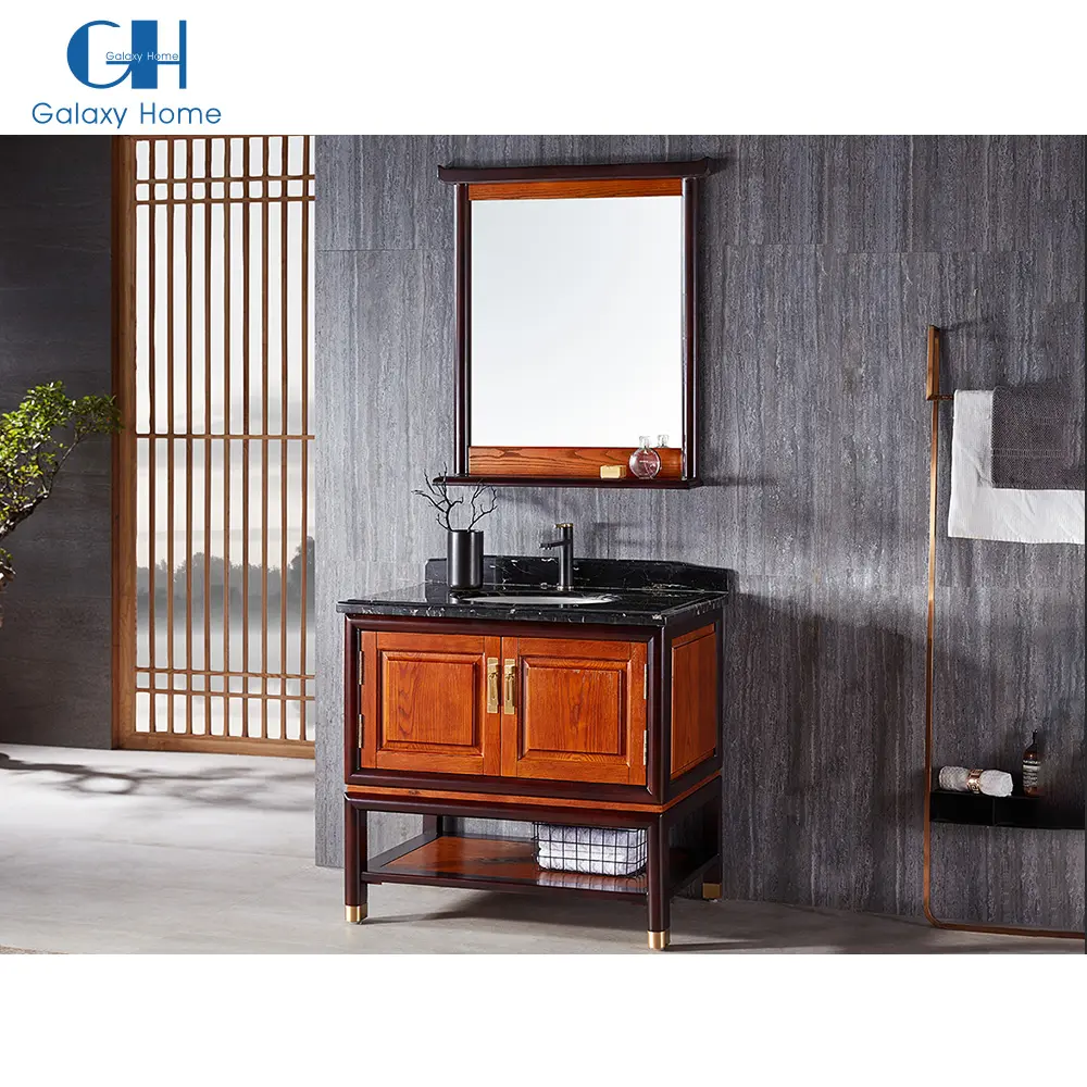 Armario de madera para el baño, mueble de almacenamiento con tapa de mármol, con espejo para el fregadero del Hotel