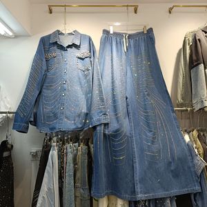 JM-Large-size Diamond-<strong>studded</strong> Washed Denim <strong>Blouse</strong> for Women - New High-end Wide-leg Denim Pants Set - Product Image 1