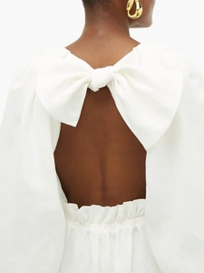 Solido di modo di Cut-out Bianco Balloon-manica Canapa Midi Vestito Delle Donne Delle Signore Vestito Lungo Casuale - Product Image 2