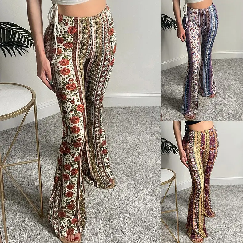 RUYI Celana Panjang dan Celana Wanita, Celana Legging Boho Cetak Bell-Bottoms Regang Pinggang Tinggi