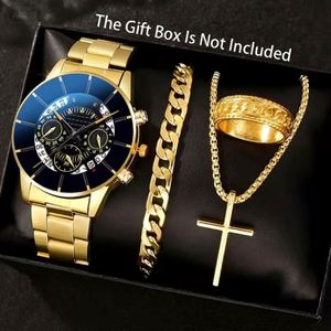 Men's Watch Roman Scale Quartz Watch Cross Necklace Bracelet <b>Ring</b> Business Gift Set - Product Image 2